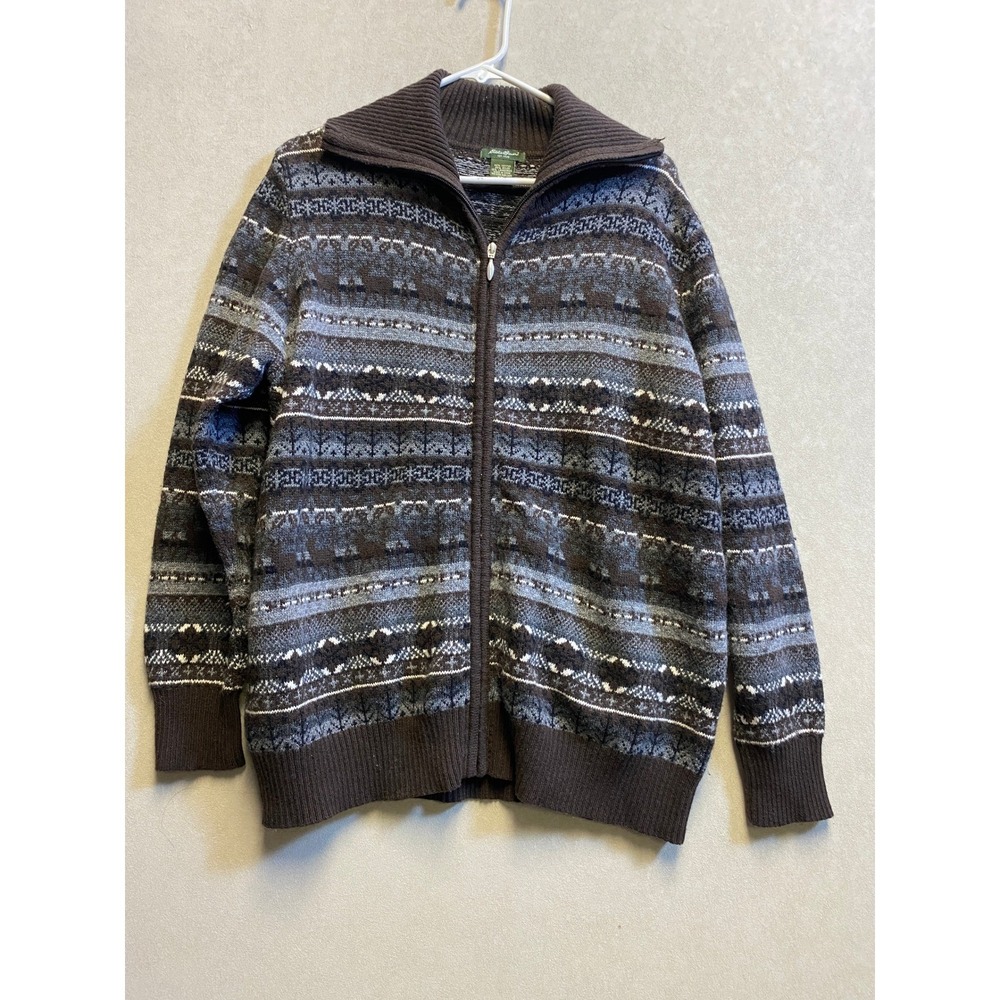 Eddie Bauer Mens XXL Fair Isle Full Zip Cardigan Sweater Brown Lambswool Blend - Picture 2 of 9